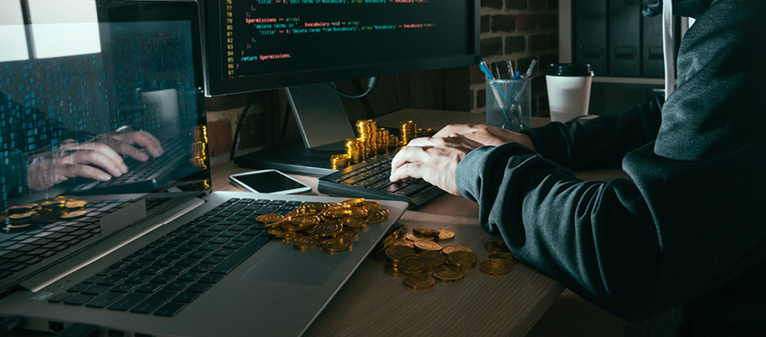 A hacker stealing cryptocurrency through malicious code insertion
