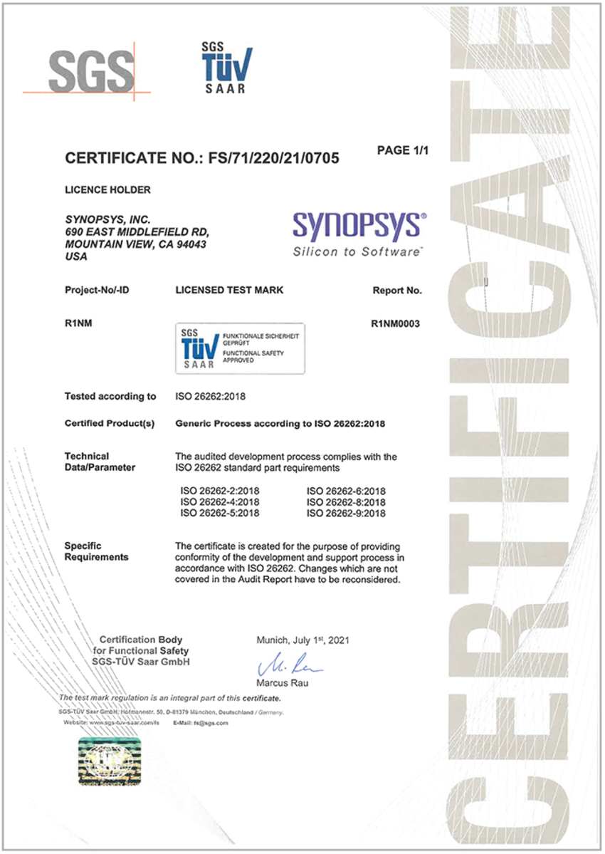 SGS TUV Saar Certificate for Synopsys Generic Process according to ISO 26262:2018