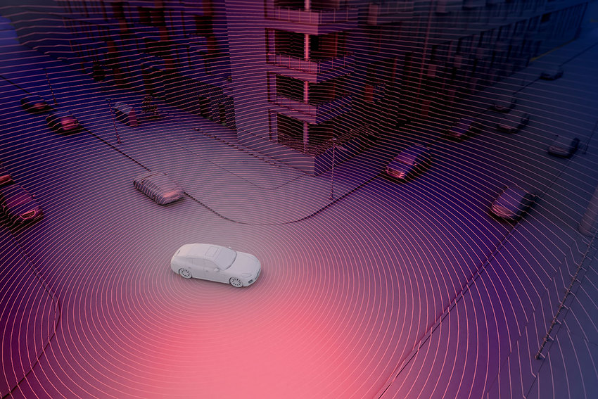 Autonomous car uses LiDAR sensors to detect surrounding buildings and cars | Synopsys