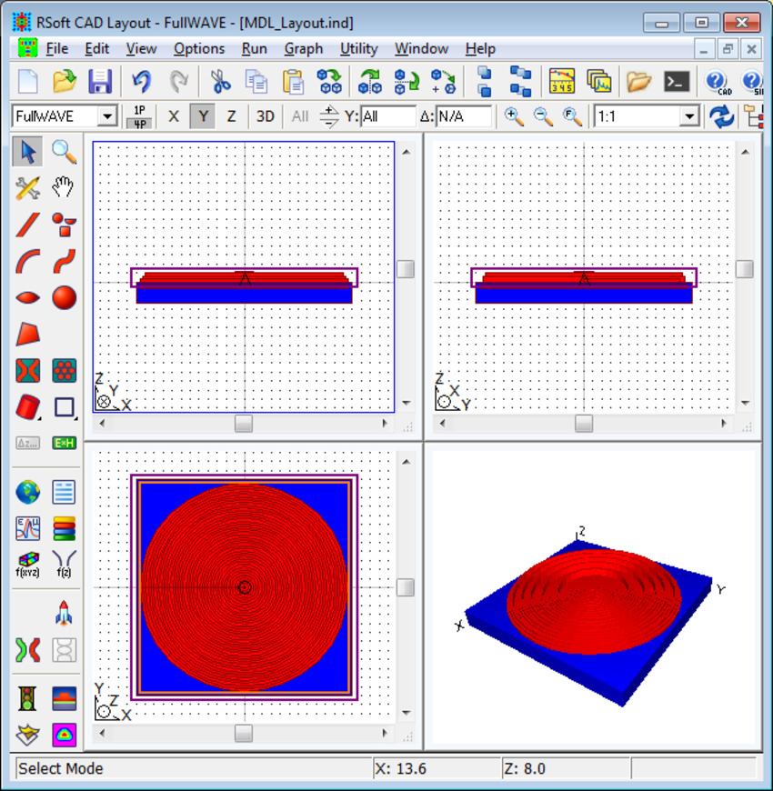 Figure 1. Layout of the 3D MDL in RSoft CAD with insert for 2D radial calculation  | Synopsys