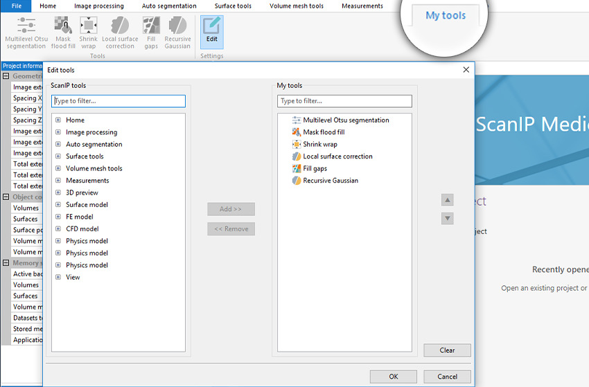 Simpleware ScanIP interface showing the My tools ribbon and how to customize it